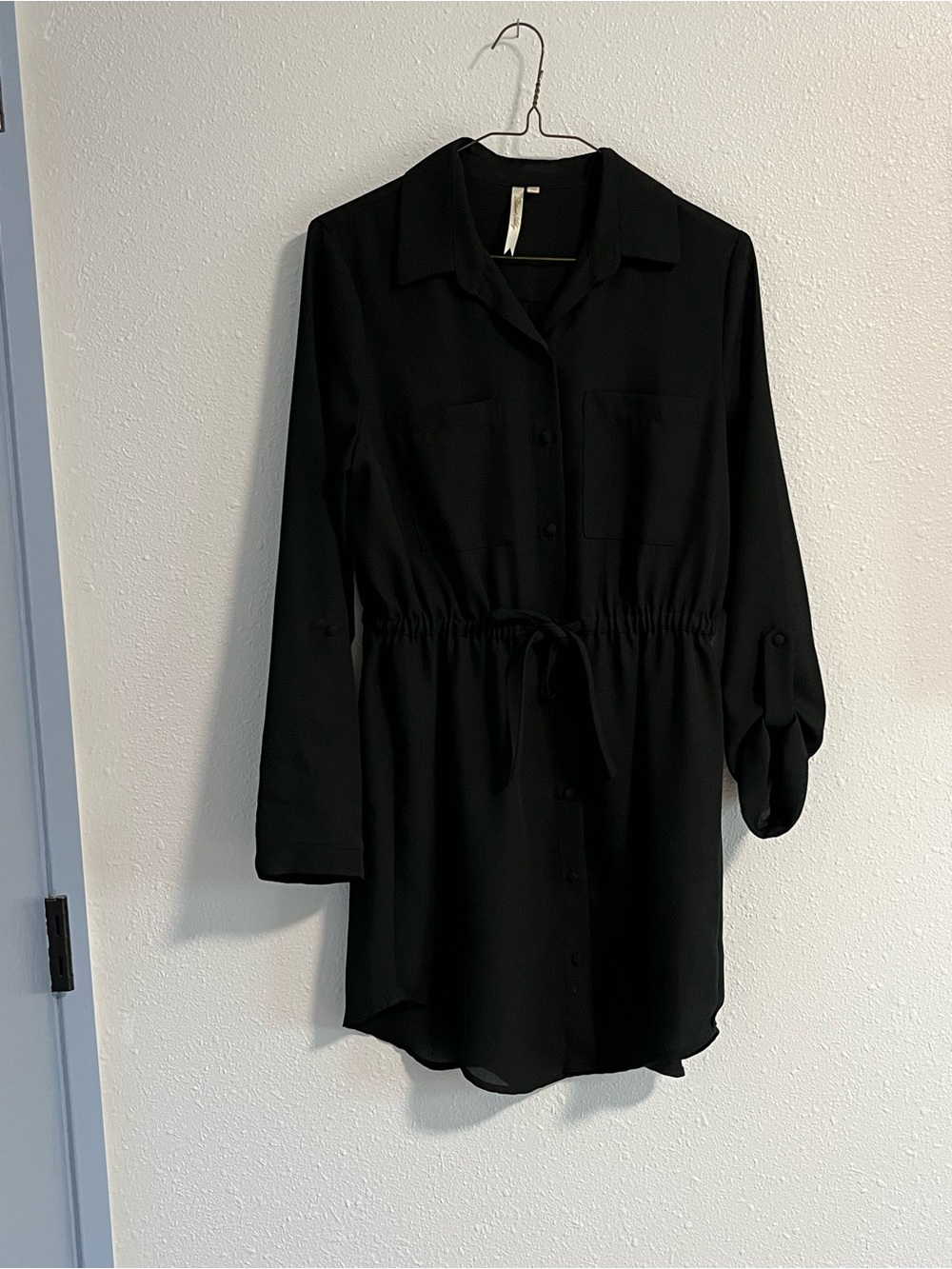 Petticoat Alley Black Long-Sleeve Drawstring Shirt Dress Size Small
